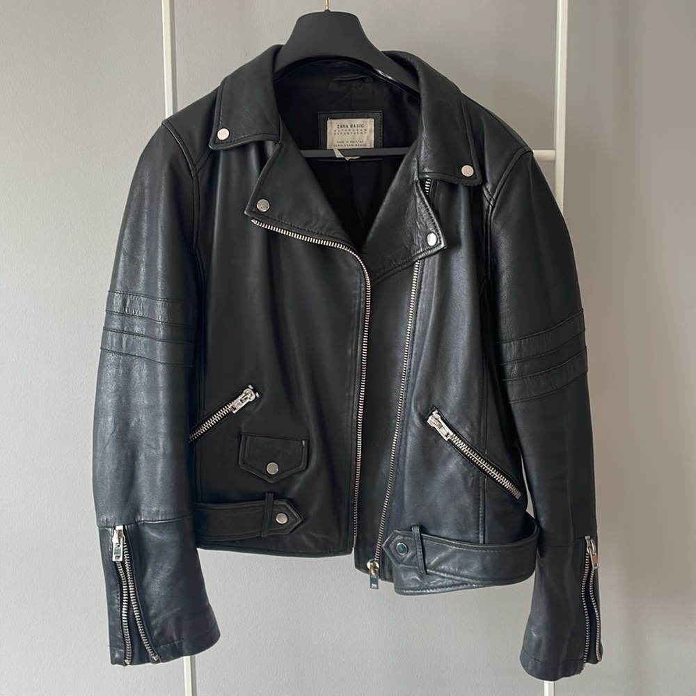 Zara basic Real Leather Black Biker Jacket Size XL